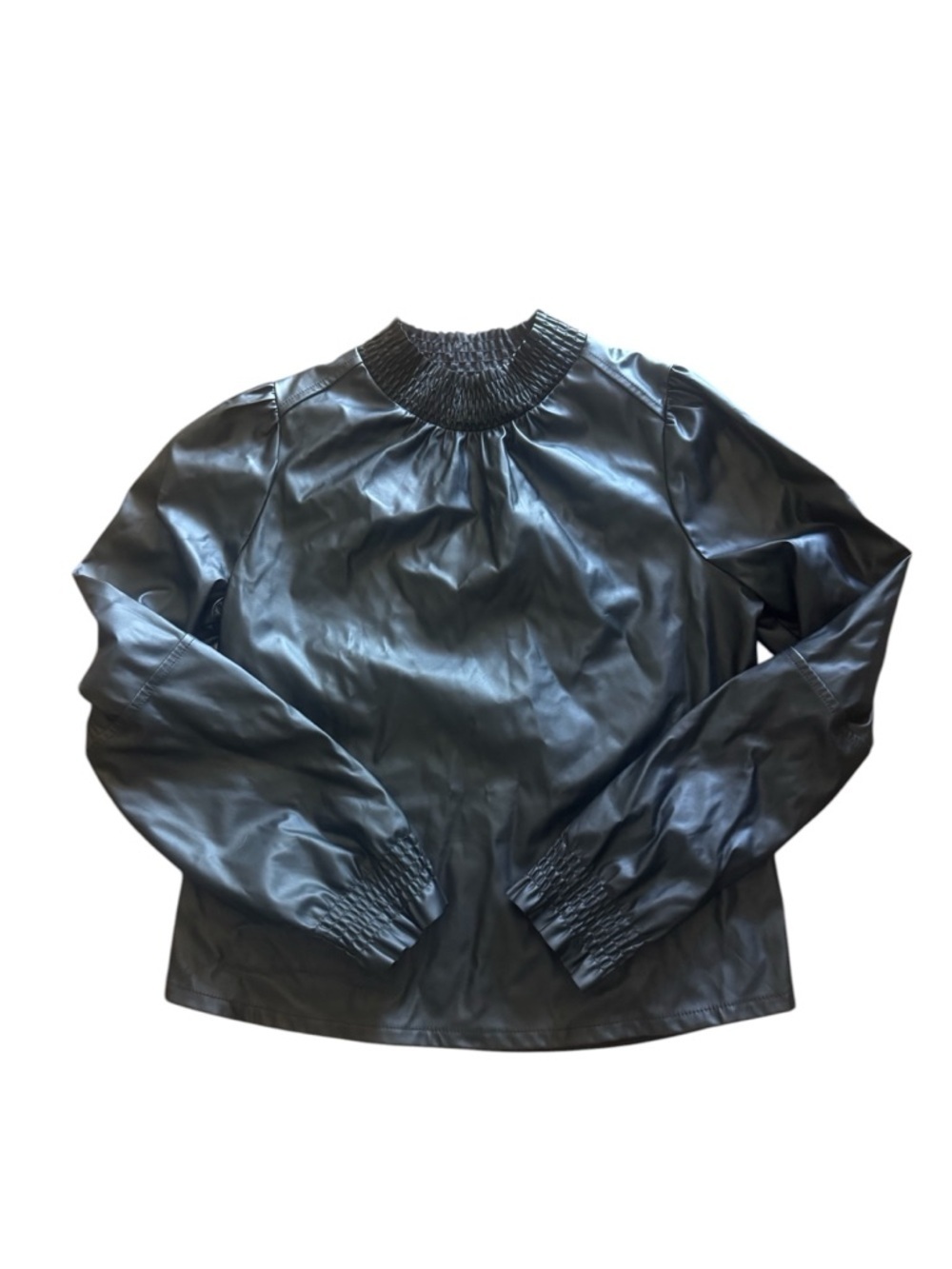 THML Black Faux Leather Long Sleeve Smocked Neck Top, Size Small